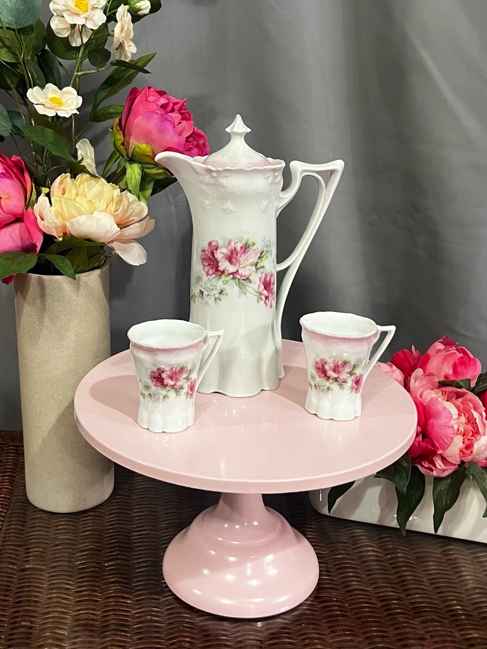 Vintage Antique Chocolate set. Tall fluted serving pot 2 dainty matching cups.